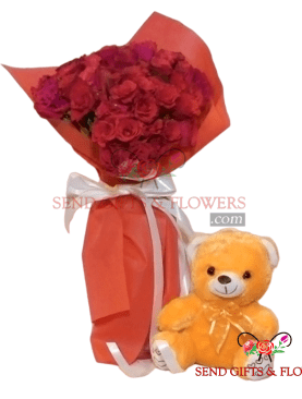 Deep Love 24 Roses with 1 Teddy Bear Bouquet
