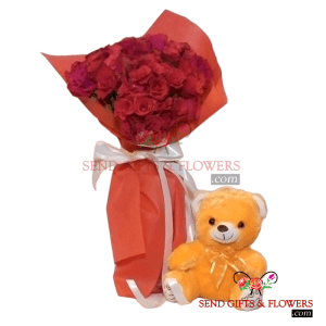 Deep Love 24 Roses with 1 Teddy Bear Bouquet - Send Gifts and Flowers to Pakistan