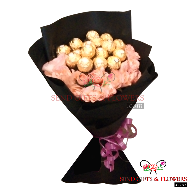 Dozen Pink Roses with Ferrero Rocher