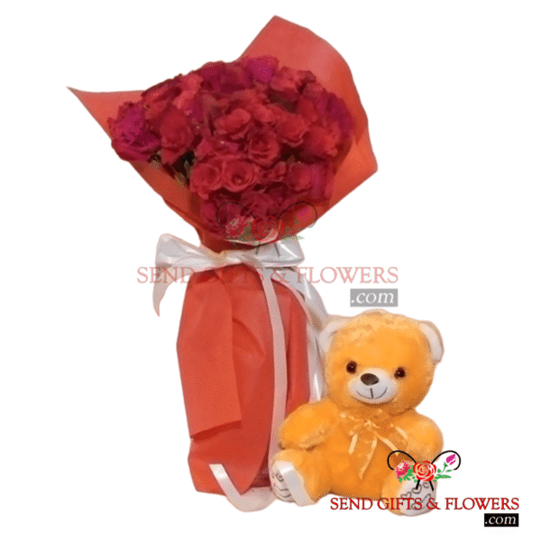 Deep Love 24 Roses with 1 Teddy Bear Bouquet