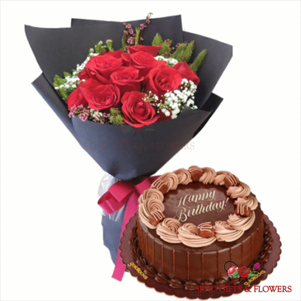 10 Red Roses with 2 Pound Chocolate Cake Bouquet