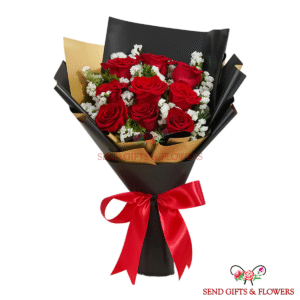 9 Fresh Red Roses with Baby Breath Flowers Bouquet