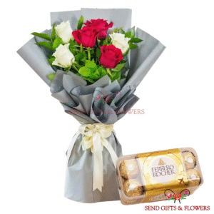 Red & White Roses with Ferrero Rocher Chocolates Bouquet
