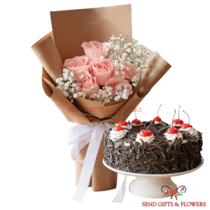 Pink Roses Bouquet & Black Forest Cake